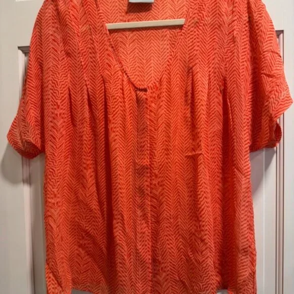 Anthropologie Maeve Women Top Button Front Silk Blouse Herringbone Orange Medium - Picture 3 of 7